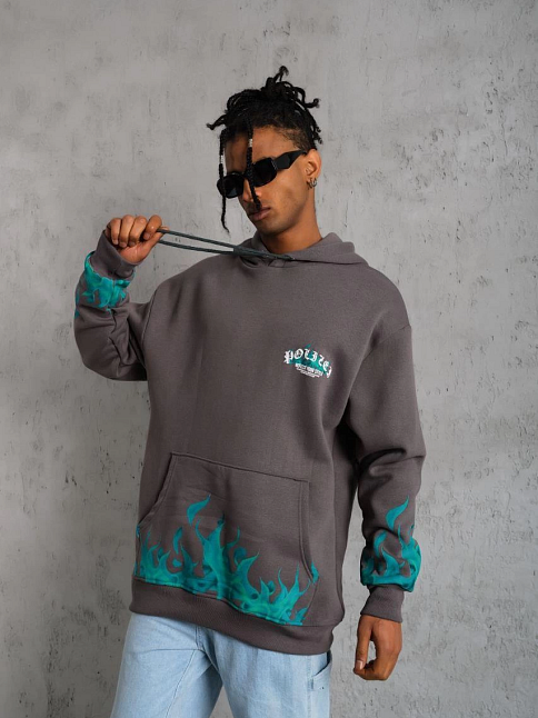 Erkek 3 İplik Pamuklu Alev Baskılı Kapüşonlu Hoodie Sweatshirt - Gri