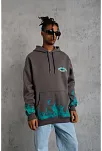 Erkek 3 İplik Pamuklu Alev Baskılı Kapüşonlu Hoodie Sweatshirt - Gri