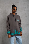 Erkek 3 İplik Pamuklu Alev Baskılı Kapüşonlu Hoodie Sweatshirt - Gri