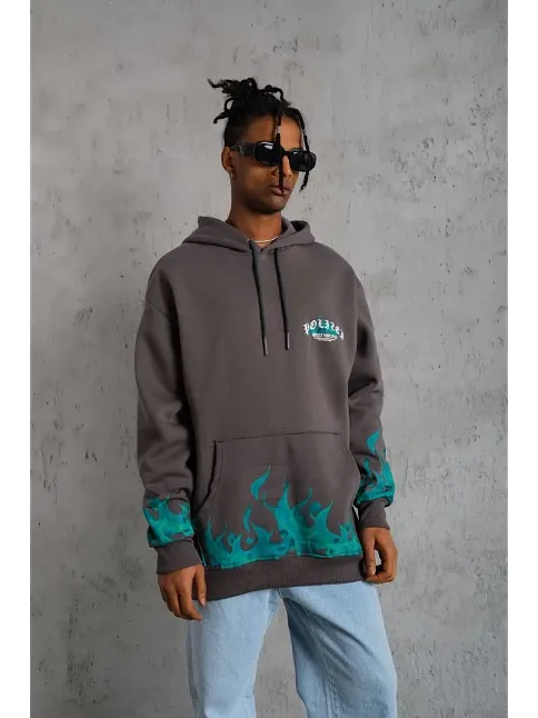Erkek 3 İplik Pamuklu Alev Baskılı Kapüşonlu Hoodie Sweatshirt - Gri