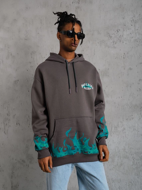 Erkek 3 İplik Pamuklu Alev Baskılı Kapüşonlu Hoodie Sweatshirt - Gri