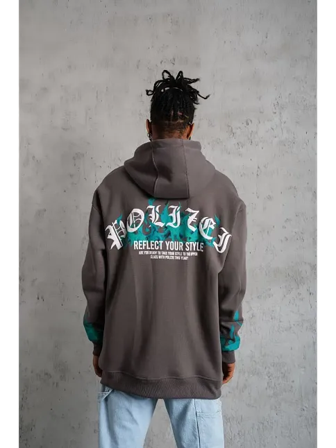 Erkek 3 İplik Pamuklu Alev Baskılı Kapüşonlu Hoodie Sweatshirt - Gri
