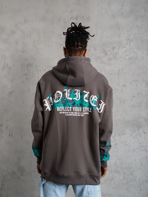 Erkek 3 İplik Pamuklu Alev Baskılı Kapüşonlu Hoodie Sweatshirt - Gri