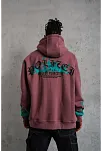 Erkek 3 İplik İçi Pamuklu Alev Baskılı Kapüşonlu Hoodie Sweatshirt - Gül Kurusu
