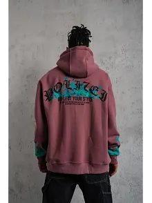 Erkek 3 İplik İçi Pamuklu Alev Baskılı Kapüşonlu Hoodie Sweatshirt - Gül Kurusu