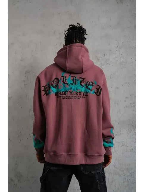 Erkek 3 İplik İçi Pamuklu Alev Baskılı Kapüşonlu Hoodie Sweatshirt - Gül Kurusu