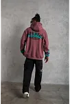 Erkek 3 İplik İçi Pamuklu Alev Baskılı Kapüşonlu Hoodie Sweatshirt - Gül Kurusu