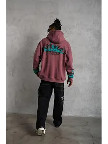 Erkek 3 İplik İçi Pamuklu Alev Baskılı Kapüşonlu Hoodie Sweatshirt - Gül Kurusu