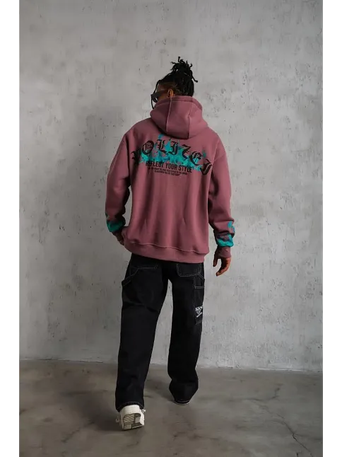 Erkek 3 İplik İçi Pamuklu Alev Baskılı Kapüşonlu Hoodie Sweatshirt - Gül Kurusu