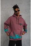 Erkek 3 İplik İçi Pamuklu Alev Baskılı Kapüşonlu Hoodie Sweatshirt - Gül Kurusu