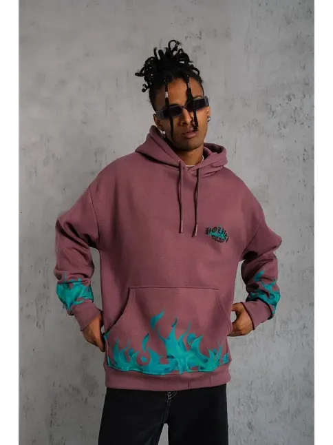 Erkek 3 İplik İçi Pamuklu Alev Baskılı Kapüşonlu Hoodie Sweatshirt - Gül Kurusu