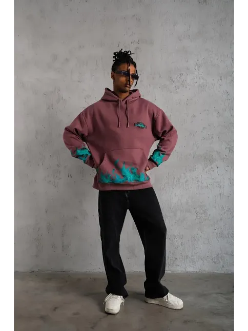 Erkek 3 İplik İçi Pamuklu Alev Baskılı Kapüşonlu Hoodie Sweatshirt - Gül Kurusu