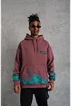 Erkek 3 İplik İçi Pamuklu Alev Baskılı Kapüşonlu Hoodie Sweatshirt - Gül Kurusu
