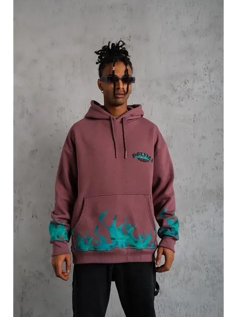 Erkek 3 İplik İçi Pamuklu Alev Baskılı Kapüşonlu Hoodie Sweatshirt - Gül Kurusu