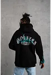 Erkek 3 İplik Pamuklu Alev Baskılı Kapüşonlu Hoodie Sweatshirt - Siyah