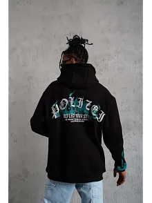 Erkek 3 İplik Pamuklu Alev Baskılı Kapüşonlu Hoodie Sweatshirt - Siyah