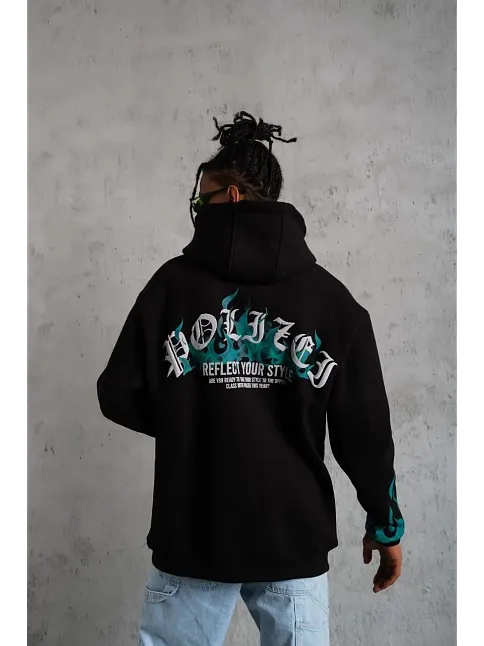 Erkek 3 İplik Pamuklu Alev Baskılı Kapüşonlu Hoodie Sweatshirt - Siyah