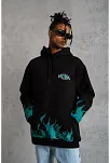 Erkek 3 İplik Pamuklu Alev Baskılı Kapüşonlu Hoodie Sweatshirt - Siyah
