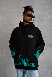 Erkek 3 İplik Pamuklu Alev Baskılı Kapüşonlu Hoodie Sweatshirt - Siyah