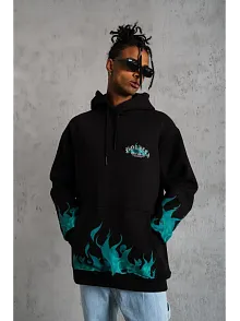 Erkek 3 İplik Pamuklu Alev Baskılı Kapüşonlu Hoodie Sweatshirt - Siyah