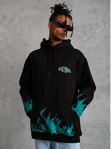 Erkek 3 İplik Pamuklu Alev Baskılı Kapüşonlu Hoodie Sweatshirt - Siyah