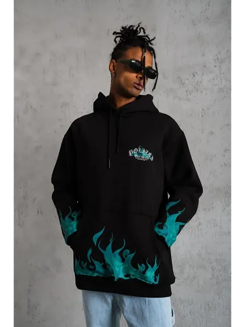 Erkek 3 İplik Pamuklu Alev Baskılı Kapüşonlu Hoodie Sweatshirt - Siyah
