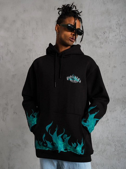 Erkek 3 İplik Pamuklu Alev Baskılı Kapüşonlu Hoodie Sweatshirt - Siyah