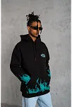 Erkek 3 İplik Pamuklu Alev Baskılı Kapüşonlu Hoodie Sweatshirt - Siyah