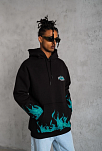 Erkek 3 İplik Pamuklu Alev Baskılı Kapüşonlu Hoodie Sweatshirt - Siyah