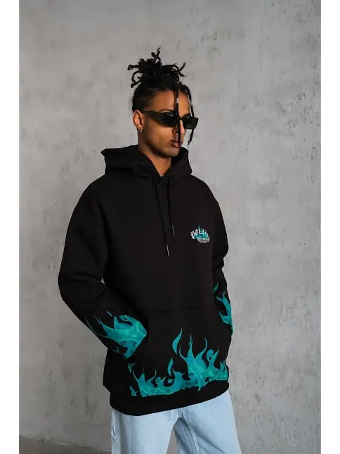 Erkek 3 İplik Pamuklu Alev Baskılı Kapüşonlu Hoodie Sweatshirt - Siyah