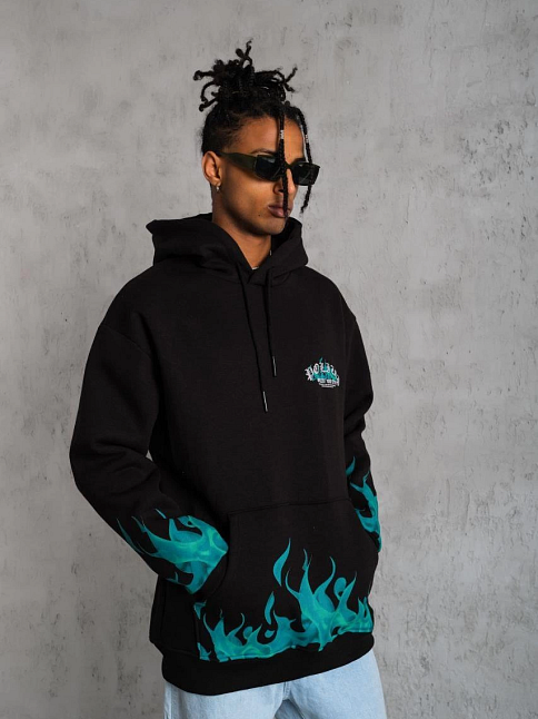 Erkek 3 İplik Pamuklu Alev Baskılı Kapüşonlu Hoodie Sweatshirt - Siyah