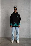 Erkek 3 İplik Pamuklu Alev Baskılı Kapüşonlu Hoodie Sweatshirt - Siyah