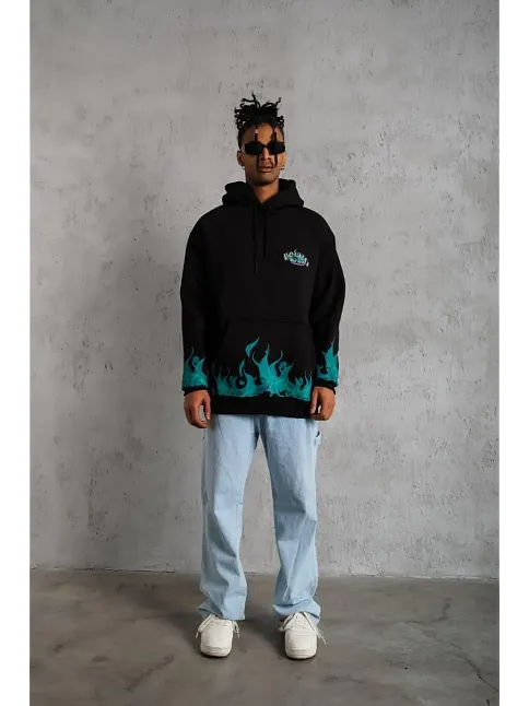 Erkek 3 İplik Pamuklu Alev Baskılı Kapüşonlu Hoodie Sweatshirt - Siyah