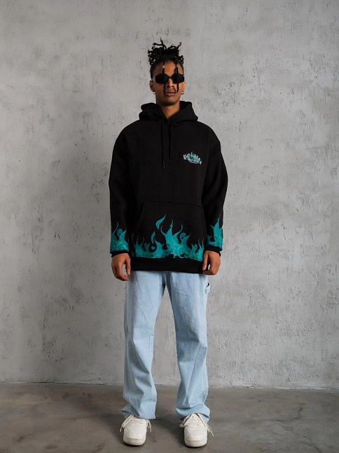Erkek 3 İplik Pamuklu Alev Baskılı Kapüşonlu Hoodie Sweatshirt - Siyah