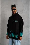 Erkek 3 İplik Pamuklu Alev Baskılı Kapüşonlu Hoodie Sweatshirt - Siyah