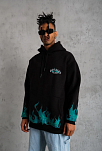 Erkek 3 İplik Pamuklu Alev Baskılı Kapüşonlu Hoodie Sweatshirt - Siyah