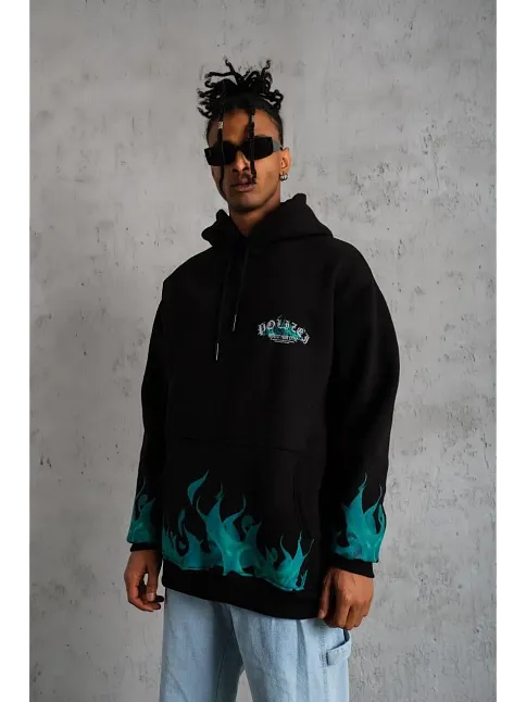 Erkek 3 İplik Pamuklu Alev Baskılı Kapüşonlu Hoodie Sweatshirt - Siyah
