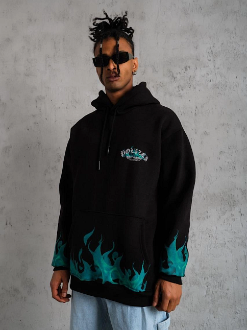 Erkek 3 İplik Pamuklu Alev Baskılı Kapüşonlu Hoodie Sweatshirt - Siyah