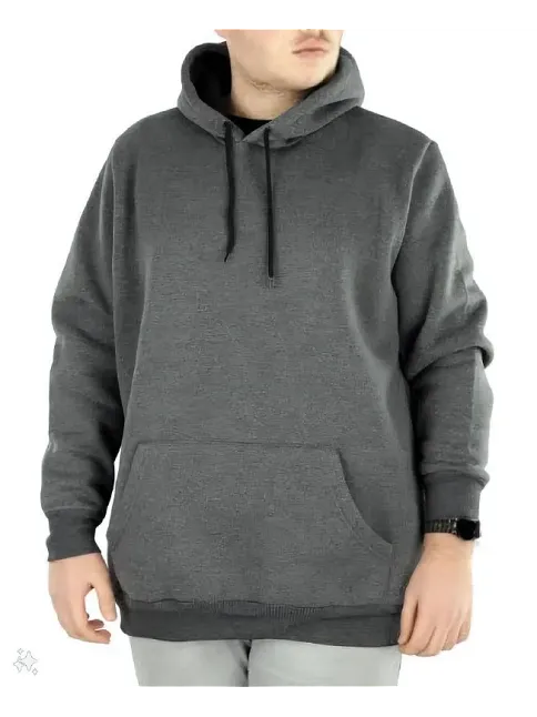 Erkek 3 İplik Pamuklu Kapüşonlu Cepli Oversize Hoodie Sweatshirt - Füme