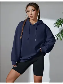 Kadın Kapüşonlu Kanguru Cepli 3 İplik Pamuklu Oversize Hoodie Sweatshirt - Lacivert