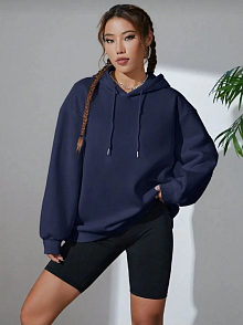 Kadın Kapüşonlu Kanguru Cepli 3 İplik Pamuklu Oversize Hoodie Sweatshirt - Lacivert