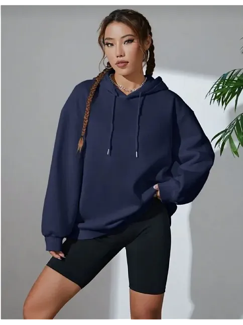 Kadın Kapüşonlu Kanguru Cepli 3 İplik Pamuklu Oversize Hoodie Sweatshirt - Lacivert