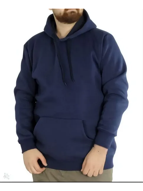 Erkek 3 İplik Pamuklu Kapüşonlu Cepli Oversize Hoodie Sweatshirt - Lacivert