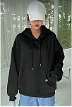 Kadın Kapüşonlu Kanguru Cepli 3 İplik Pamuklu Oversize Hoodie Sweatshirt - Siyah