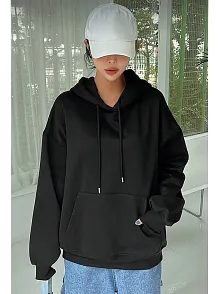 Kadın Kapüşonlu Kanguru Cepli 3 İplik Pamuklu Oversize Hoodie Sweatshirt - Siyah
