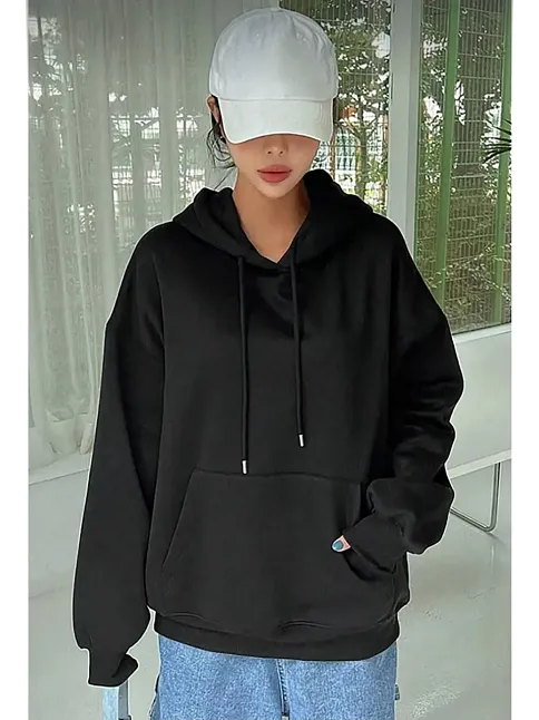 Kadın Kapüşonlu Kanguru Cepli 3 İplik Pamuklu Oversize Hoodie Sweatshirt - Siyah