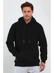 Erkek 3 İplik Pamuklu Kapüşonlu Cepli Oversize Hoodie Sweatshirt - Siyah