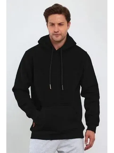 Erkek 3 İplik Pamuklu Kapüşonlu Cepli Oversize Hoodie Sweatshirt - Siyah
