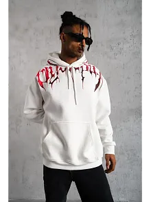 Erkek 3 İplik Pamuklu Baskılı Kapüşonlu Cepli Sweatshirt Hoodie - Beyaz
