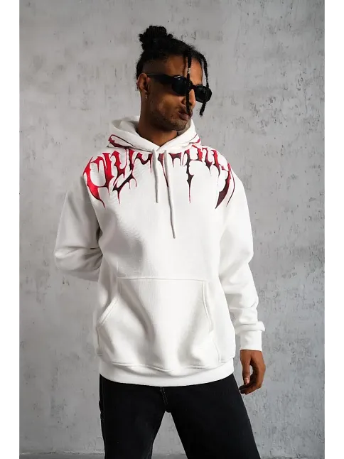 Erkek 3 İplik Pamuklu Baskılı Kapüşonlu Cepli Sweatshirt Hoodie - Beyaz